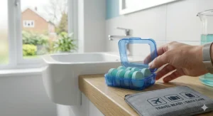 A small, portable travel pack of antibacterial retainer soak sitting next to a retainer storage case.