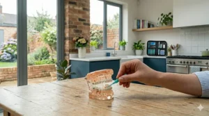 A clear dental model with metal braces being cleaned with an interdental brush, with a complete black braces care kit visible on the kitchen counter in the background.