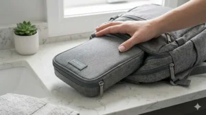 A close-up of a person's hand packing a compact, grey zipped braces care pouch into a matching travel rucksack next to a bathroom sink.
