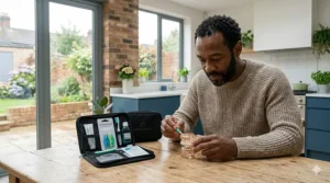 A British man in a knitted jumper sitting at a wooden kitchen table, using an orthodontic toothbrush from a braces care kit on a clear dental model.