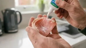 Sprinkling denture adhesive powder onto a moist denture surface.