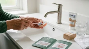 Hands cleaning a denture with a brush, with an instructional booklet visible, demonstrating how to keep dentures in place.
