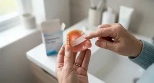 Step-by-step diagram showing the correct placement of denture adhesive strips onto the lower denture base.