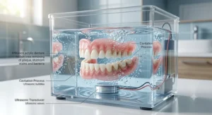 A multi-panel illustration detailing the maintenance cycle: hand washing, activating the device, and the final rinse of the dentures.