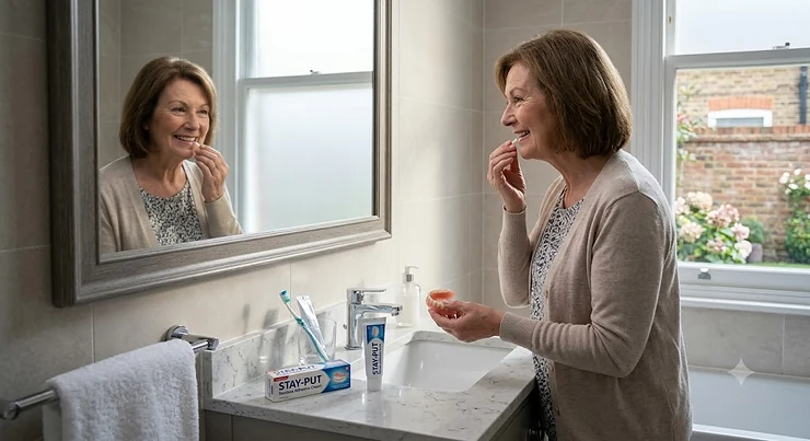 A woman in a bright, modern bathroom looking into a mirror while applying denture adhesive cream to her dentures. denture adhesive cream