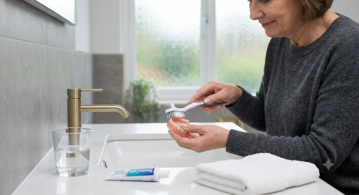 A woman demonstrating the use of the best denture brush to clean her denture appliance in a bright bathroom. best denture brush
