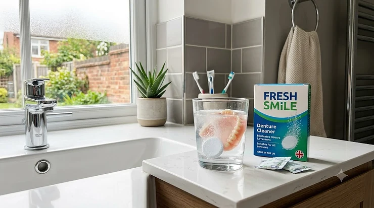 A pack of fresh denture cleaner next to a glass of water, highlighting a solution for eliminating bad smells from dental appliances. denture cleaner for bad smell