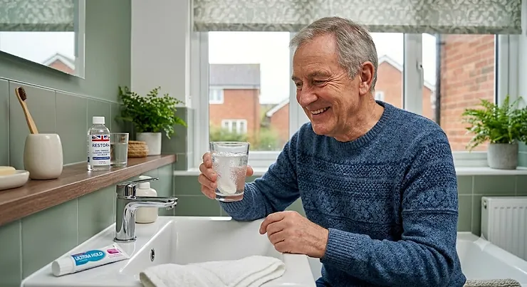 A man smiling while holding a glass of water with a fizzing denture cleaning solution, set in a modern, well-lit British bathroom. denture cleaning solution