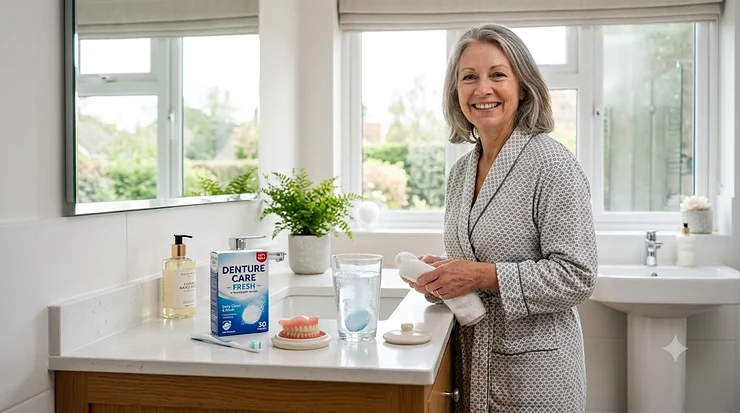 A woman smiling in a bright, modern bathroom with denture cleaning tablets and a glass of water on the counter. denture cleaning tablets