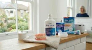 A storage container showing how to safely store dentures overnight in a cleaning solution.