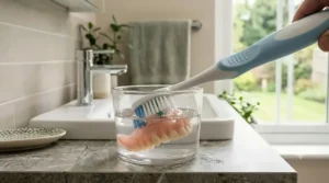 Illustrating the correct technique for cleaning acrylic dentures using a specialised denture brush.