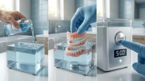 A high-detail view of a bathroom vanity featuring a warning sign regarding compatible materials and maintenance of older dentures.