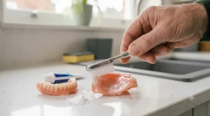 Removing adhesive residue from a denture with a brush during daily cleaning.