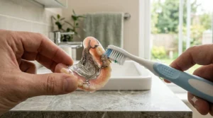 Using the tapered head of a denture brush to carefully clean around metal clips and deep grooves.