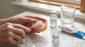 A clean dental brush demonstrating how to remove adhesive residue from denture plates.