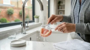 A visual demonstration of cleaning a dental plate by gently brushing away residual denture adhesive powder under running water.