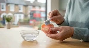 Cleaning the lower denture plate after removing adhesive strips to maintain oral hygiene.