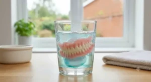 Dentures soaking in a glass of water with a dissolved cleaning tablet.
