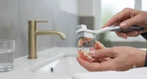 Carefully using a specialised denture brush to clean around the metal components of a partial denture.