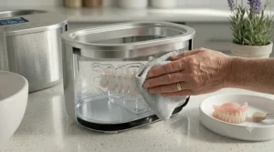 Demonstrating the simple process of wiping out the ultrasonic cleaner basin after use.