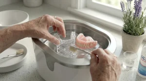A slim, portable ultrasonic denture cleaner shown next to a travel wash bag.