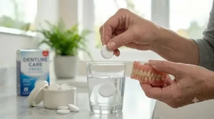 A close-up of a person smiling confidently, highlighting clean and well-maintained dentures.