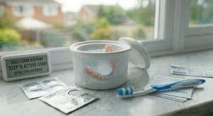 A visual demonstration of the active soak stage as part of a recommended daily oral hygiene routine for denture wearers.