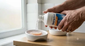 Illustration highlighting compatibility, showing which cleaners are safe for acrylic and partial metal dentures.