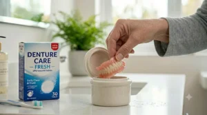 Dentures submerged in a glass of water with a dissolved denture cleaning tablet for a thorough clean.