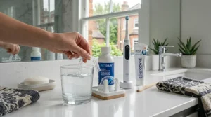 A person placing their clear retainer into a case after using a specialised retainer cleaning solution.