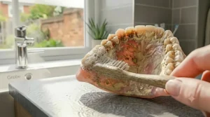A person using a soft brush to scrub away stubborn plaque and debris from a denture to improve hygiene and remove odours.