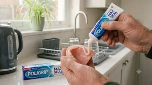 The correct method for applying denture adhesive cream to ensure even coverage.
