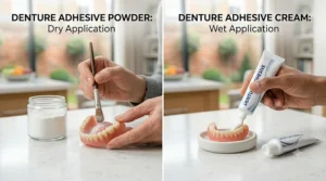 A comparison chart illustrating the differences in texture and application between denture adhesive powder and traditional adhesive cream.