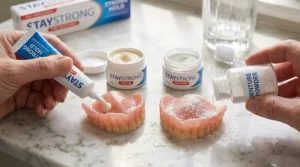 A comparison between denture adhesive powder and cream textures for secure, comfortable fitting.