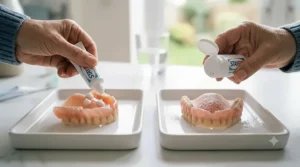 Comparison showing a tube of fixative cream and a container of denture adhesive powder, each being applied to dentures.
