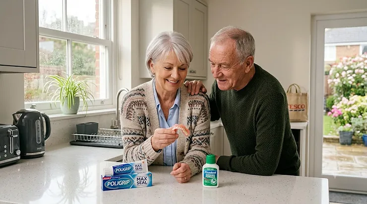 A photorealistic comparison of Poligrip adhesive cream and powder for dentures, in a British kitchen with natural light. denture adhesive powder vs cream