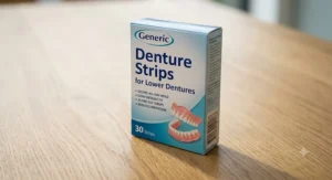 Close-up of dental adhesive strips packaging, showing instructions for applying to lower dentures.