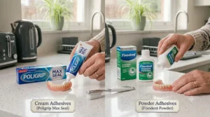A side-by-side comparison showing the application of denture adhesive cream versus powder.
