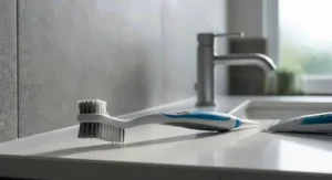 A professional close-up of a dual-head denture brush resting on a clean marble vanity unit.