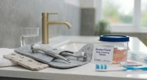 A side-by-side comparison featuring a dedicated denture brush and a standard toothbrush on a bathroom vanity.
