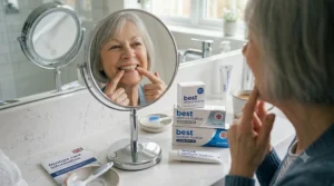 An older woman smiling in a bright, modern bathroom with her denture care routine products neatly organised on the counter.