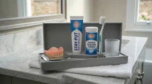 A complete home denture care kit containing a tube of adhesive cream, cleansing tablets, and a toothbrush neatly organised on a vanity tray.