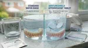A comparison showing the visible difference between stained dentures and clean, sanitised dentures after using DentureShield.