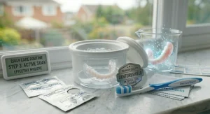 An illustration showcasing DentureShield alongside a premium quality badge, confirming it meets high UK dental care standards.