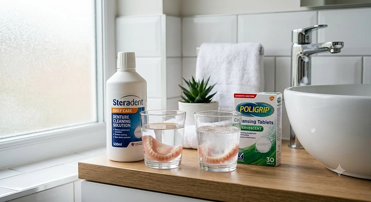 A photorealistic side-by-side comparison in a British bathroom, showing a bottle of Steradent solution and a box of Poligrip tablets next to soaking dentures. denture cleaner solution vs tablets