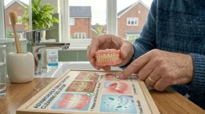A man holding a set of stained dentures with a dental mirror, illustrating the issues that can arise without regular use of a denture cleaning solution.