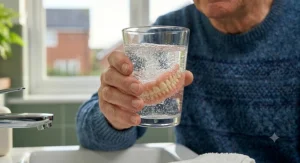 A person holding a clean, hygienic denture case containing their dental appliance, demonstrating proper storage habits.