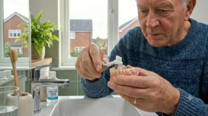 An elderly gentleman in a comfortable jumper standing in a bright bathroom, showing the recommended setup for his daily oral hygiene routine.