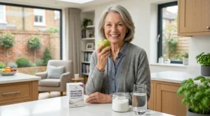 A helpful guide illustrating how the daily use of denture adhesive powder allows a person to comfortably enjoy a fresh apple.