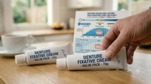 A comparative display of different tube sizes and value pack options for denture fixative creams available in the UK.
